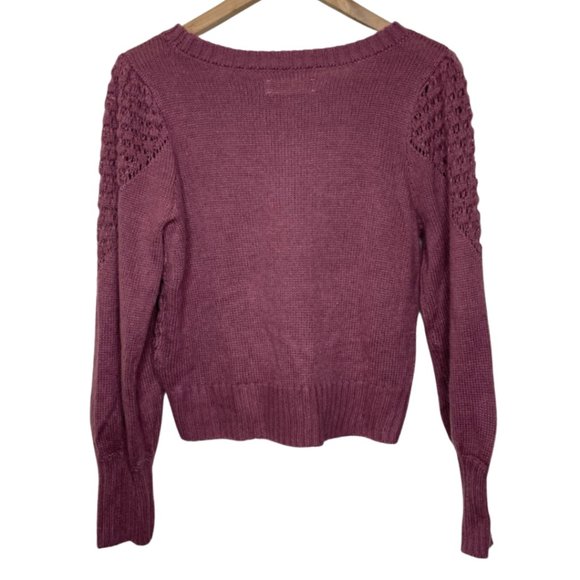 LUCKY BRAND | Mauve Chunky Open Knit Balloon Sleeve Crew Neck Sweater | Size S - Picture 6 of 13